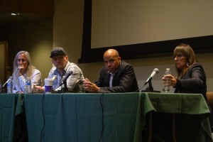 Panelists included Writer/Director/Producer Mick Garris ("The Stand", "The Shining", "Masters of Horror"), Director/Producer Christopher Ray (Asylum Films), Writer/Producer Gerald Webb, Linda Nelson (Indie Rights Distribution)  during Q&A at the Burbank International Film Festival, April 25, 2015, Burbank, CA. Copyright 2015 Bourgeois Magazine LA